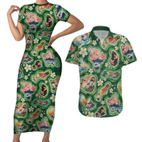 Hawaiian and Japanese Culture Together Couples Matching Short Sleeve Bodycon Dress and Hawaiian Shirt Hawaiian Island Shapes with Japanese Landscape Green Color