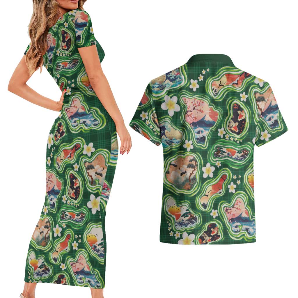 Hawaiian and Japanese Culture Together Couples Matching Short Sleeve Bodycon Dress and Hawaiian Shirt Hawaiian Island Shapes with Japanese Landscape Green Color