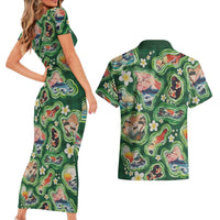 Hawaiian and Japanese Culture Together Couples Matching Short Sleeve Bodycon Dress and Hawaiian Shirt Hawaiian Island Shapes with Japanese Landscape Green Color