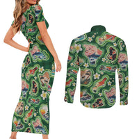 Hawaiian and Japanese Culture Together Couples Matching Short Sleeve Bodycon Dress and Long Sleeve Button Shirt Hawaiian Island Shapes with Japanese Landscape Green Color