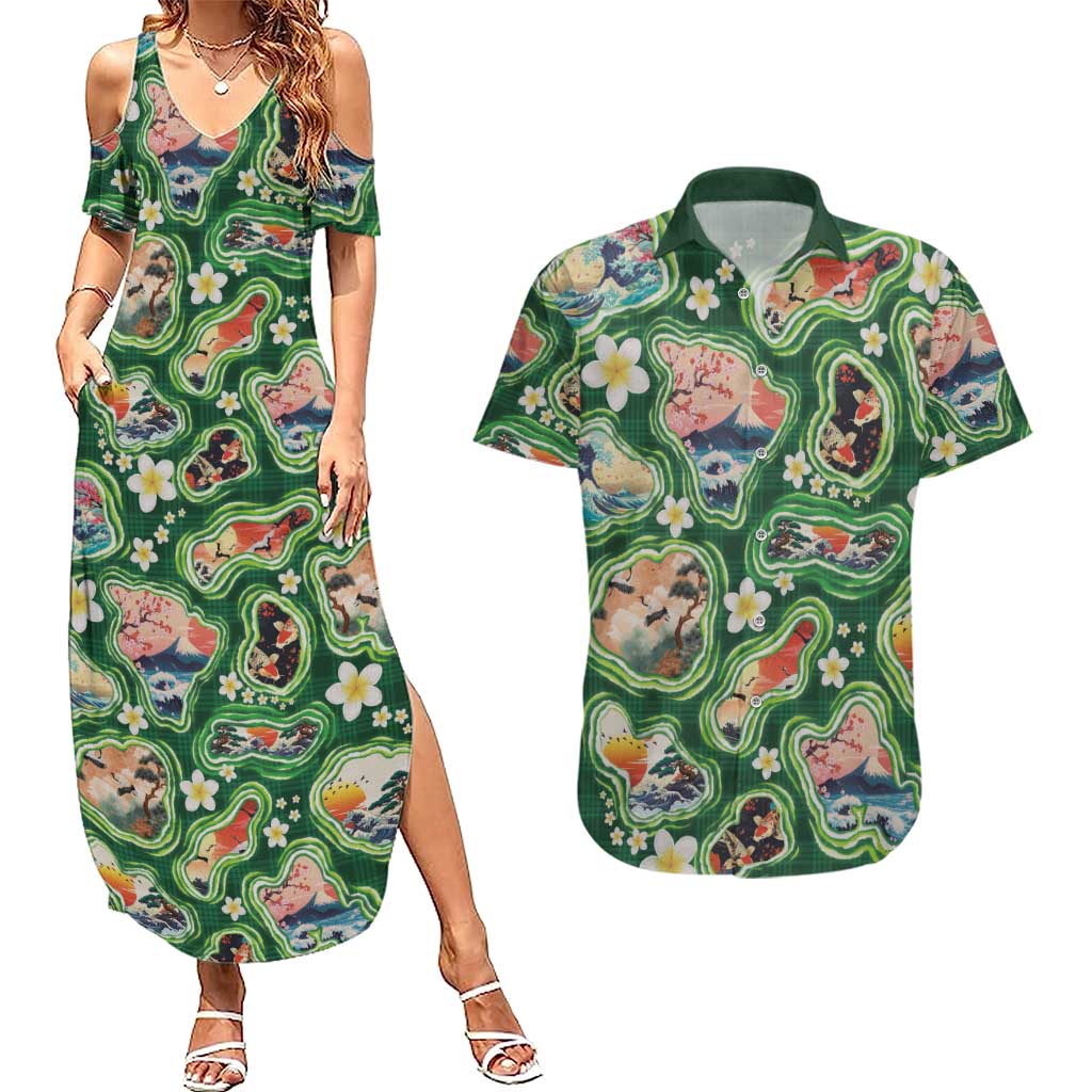 Hawaiian and Japanese Culture Together Couples Matching Summer Maxi Dress and Hawaiian Shirt Hawaiian Island Shapes with Japanese Landscape Green Color LT03 Green - Polynesian Pride
