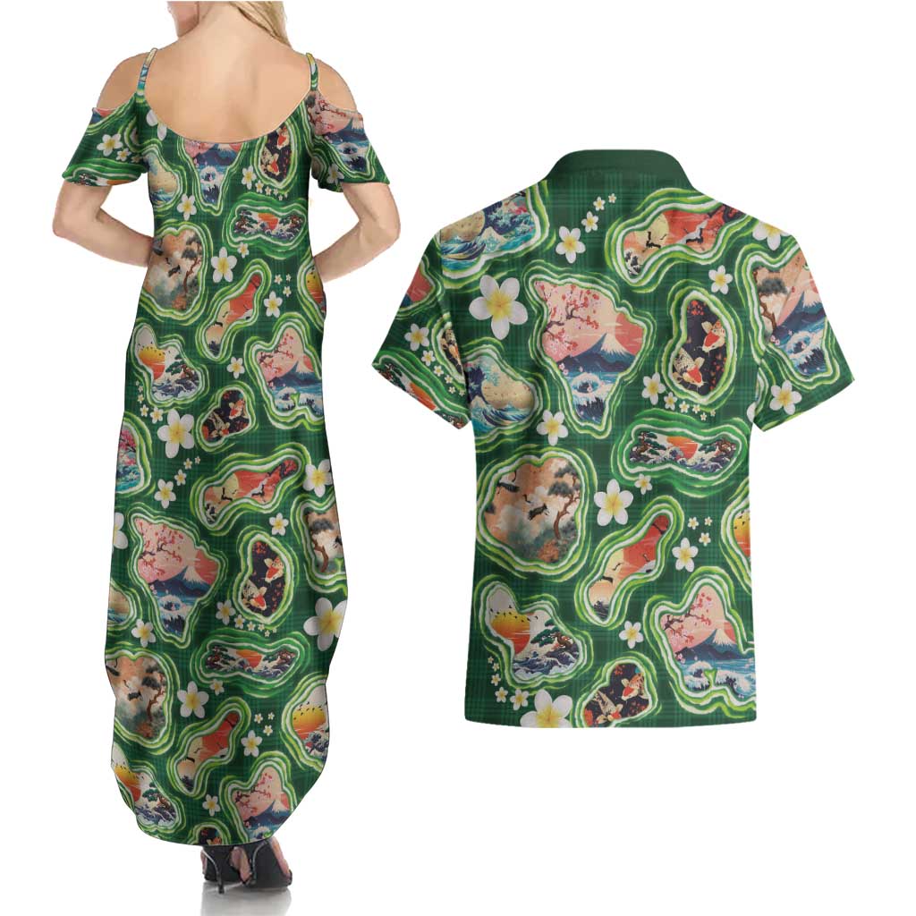 Hawaiian and Japanese Culture Together Couples Matching Summer Maxi Dress and Hawaiian Shirt Hawaiian Island Shapes with Japanese Landscape Green Color