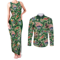 Hawaiian and Japanese Culture Together Couples Matching Tank Maxi Dress and Long Sleeve Button Shirt Hawaiian Island Shapes with Japanese Landscape Green Color