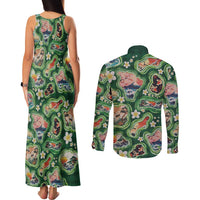 Hawaiian and Japanese Culture Together Couples Matching Tank Maxi Dress and Long Sleeve Button Shirt Hawaiian Island Shapes with Japanese Landscape Green Color