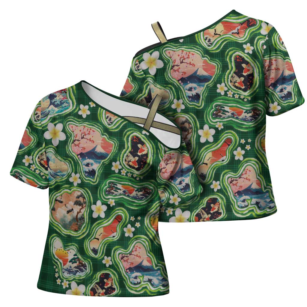 Hawaiian and Japanese Culture Together Cross Shoulder Shirt Hawaiian Island Shapes with Japanese Landscape Green Color