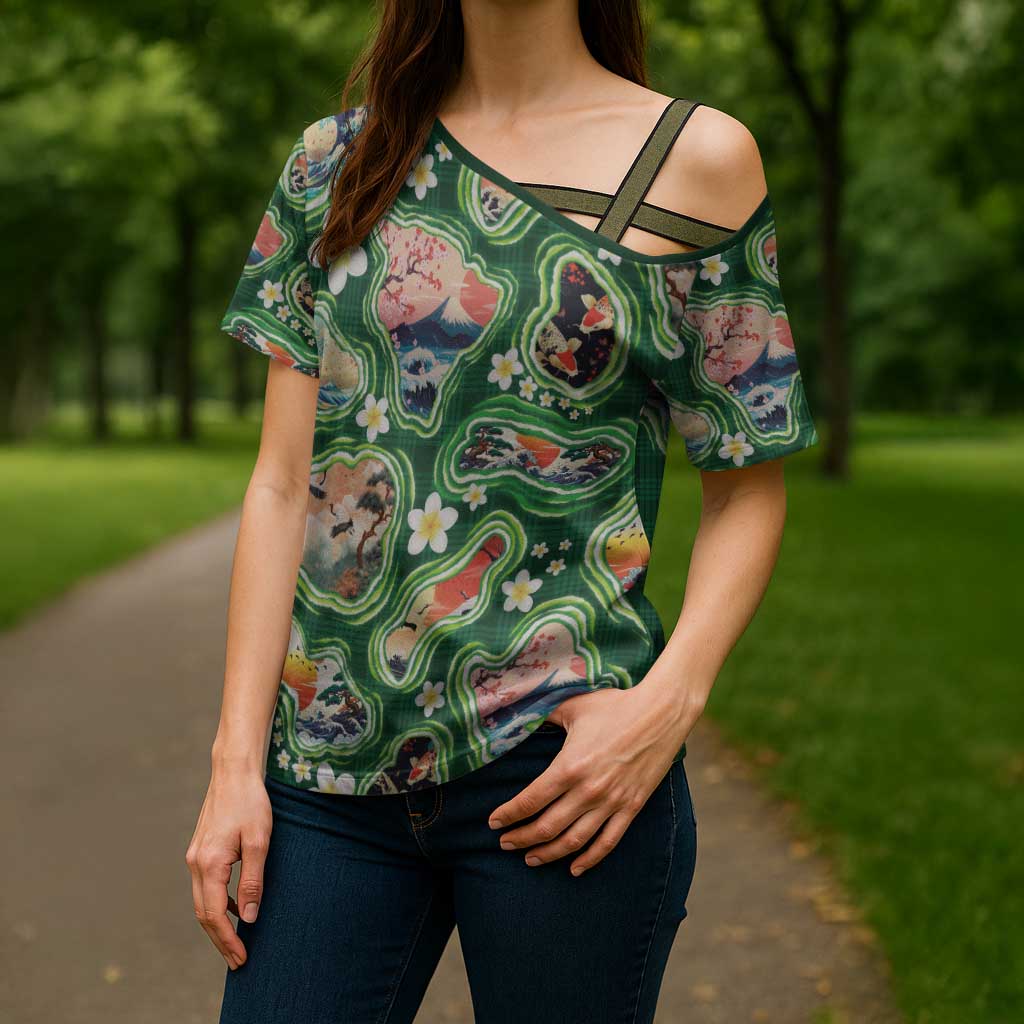 Hawaiian and Japanese Culture Together Cross Shoulder Shirt Hawaiian Island Shapes with Japanese Landscape Green Color