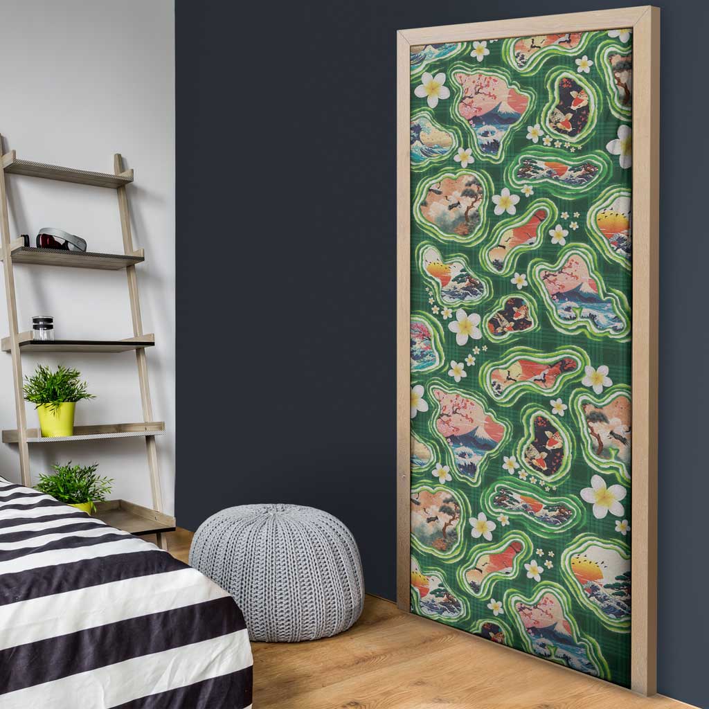 Hawaiian and Japanese Culture Together Door Cover Hawaiian Island Shapes with Japanese Landscape Green Color
