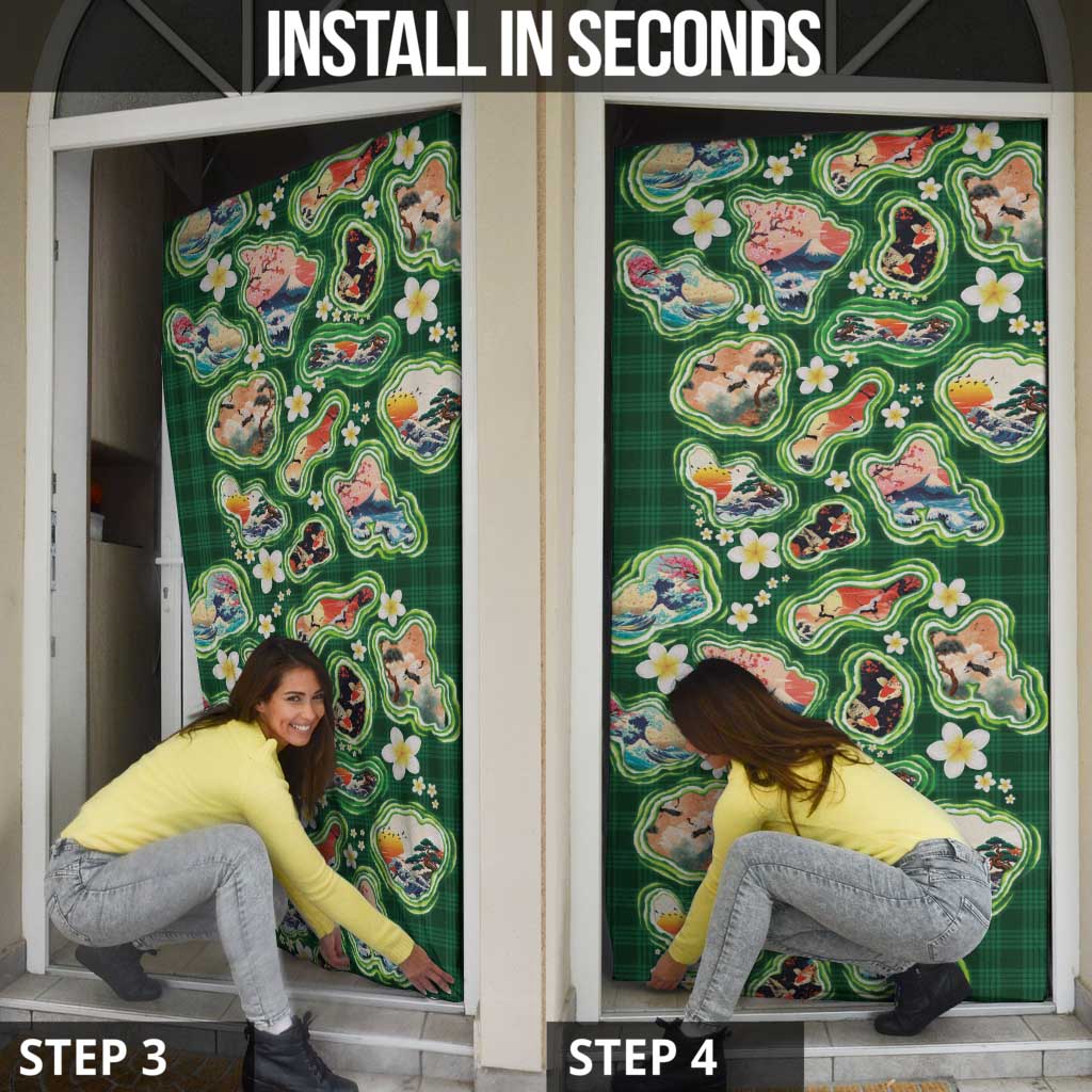 Hawaiian and Japanese Culture Together Door Cover Hawaiian Island Shapes with Japanese Landscape Green Color