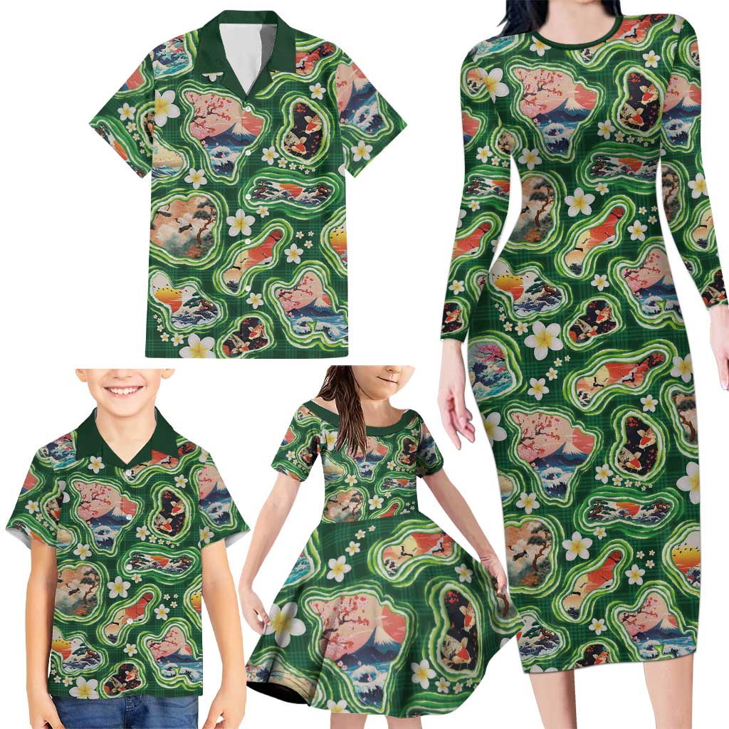 Hawaiian and Japanese Culture Together Family Matching Long Sleeve Bodycon Dress and Hawaiian Shirt Hawaiian Island Shapes with Japanese Landscape Green Color LT03 - Polynesian Pride
