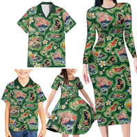 Hawaiian and Japanese Culture Together Family Matching Long Sleeve Bodycon Dress and Hawaiian Shirt Hawaiian Island Shapes with Japanese Landscape Green Color
