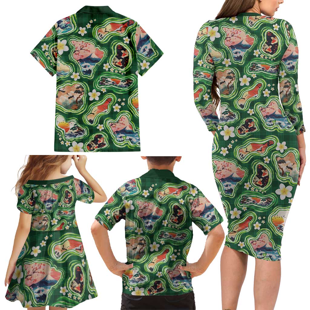 Hawaiian and Japanese Culture Together Family Matching Long Sleeve Bodycon Dress and Hawaiian Shirt Hawaiian Island Shapes with Japanese Landscape Green Color