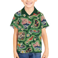 Hawaiian and Japanese Culture Together Family Matching Long Sleeve Bodycon Dress and Hawaiian Shirt Hawaiian Island Shapes with Japanese Landscape Green Color