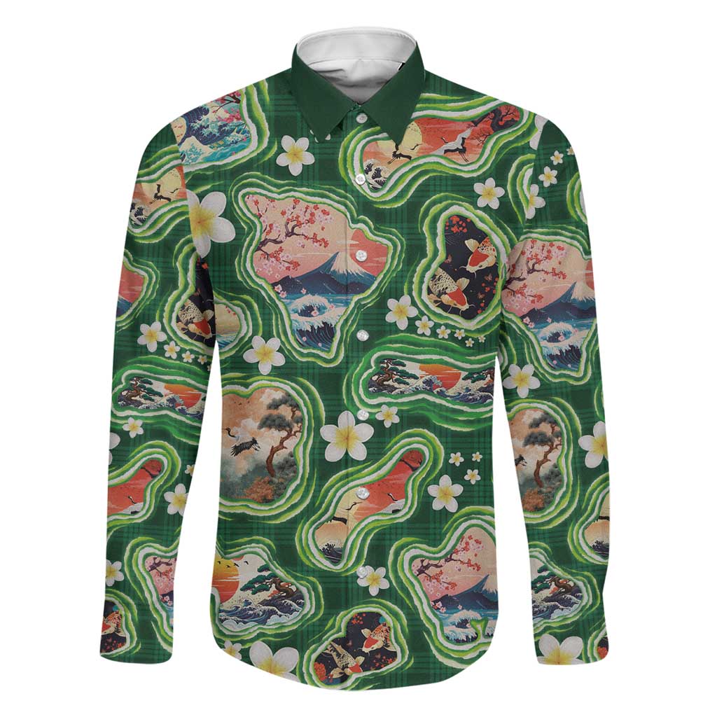 Hawaiian and Japanese Culture Together Family Matching Mermaid Dress and Hawaiian Shirt Hawaiian Island Shapes with Japanese Landscape Green Color