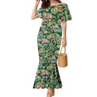 Hawaiian and Japanese Culture Together Family Matching Mermaid Dress and Hawaiian Shirt Hawaiian Island Shapes with Japanese Landscape Green Color