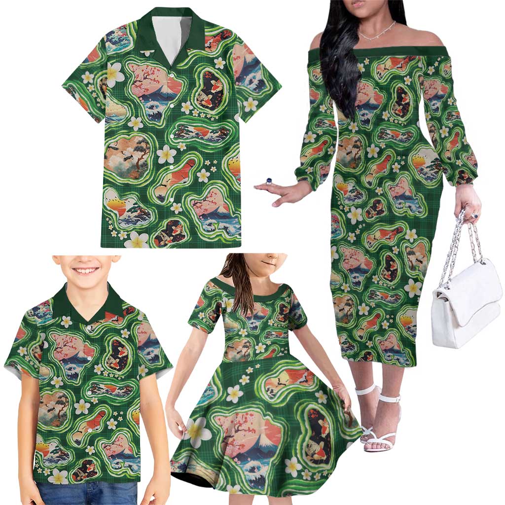 Hawaiian and Japanese Culture Together Family Matching Off The Shoulder Long Sleeve Dress and Hawaiian Shirt Hawaiian Island Shapes with Japanese Landscape Green Color