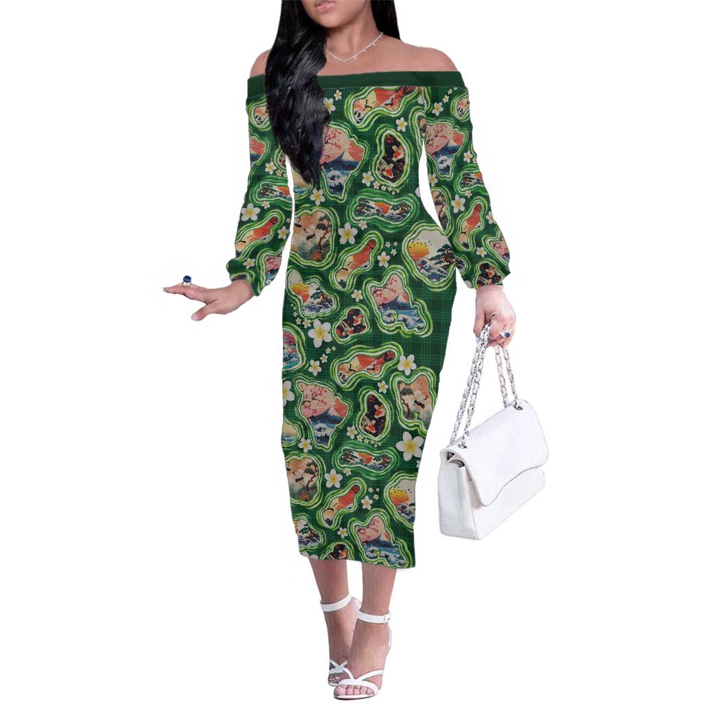 Hawaiian and Japanese Culture Together Family Matching Off The Shoulder Long Sleeve Dress and Hawaiian Shirt Hawaiian Island Shapes with Japanese Landscape Green Color