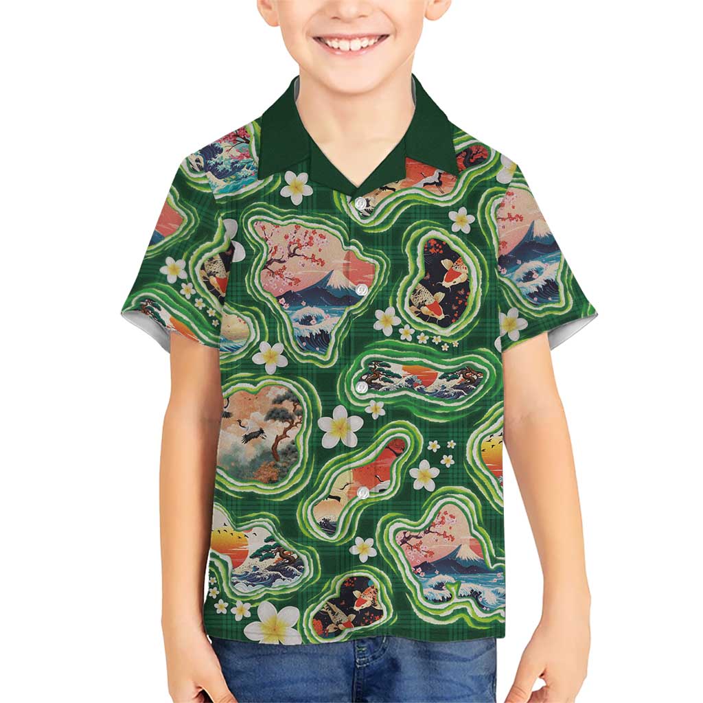 Hawaiian and Japanese Culture Together Family Matching Off The Shoulder Long Sleeve Dress and Hawaiian Shirt Hawaiian Island Shapes with Japanese Landscape Green Color