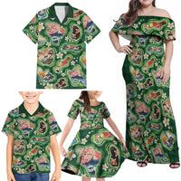 Hawaiian and Japanese Culture Together Family Matching Off Shoulder Maxi Dress and Hawaiian Shirt Hawaiian Island Shapes with Japanese Landscape Green Color
