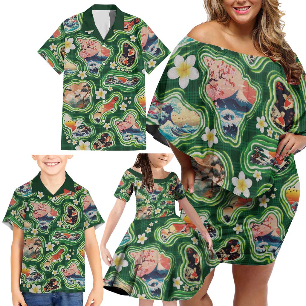 Hawaiian and Japanese Culture Together Family Matching Off Shoulder Short Dress and Hawaiian Shirt Hawaiian Island Shapes with Japanese Landscape Green Color LT03 - Polynesian Pride