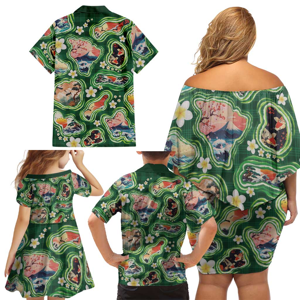 Hawaiian and Japanese Culture Together Family Matching Off Shoulder Short Dress and Hawaiian Shirt Hawaiian Island Shapes with Japanese Landscape Green Color