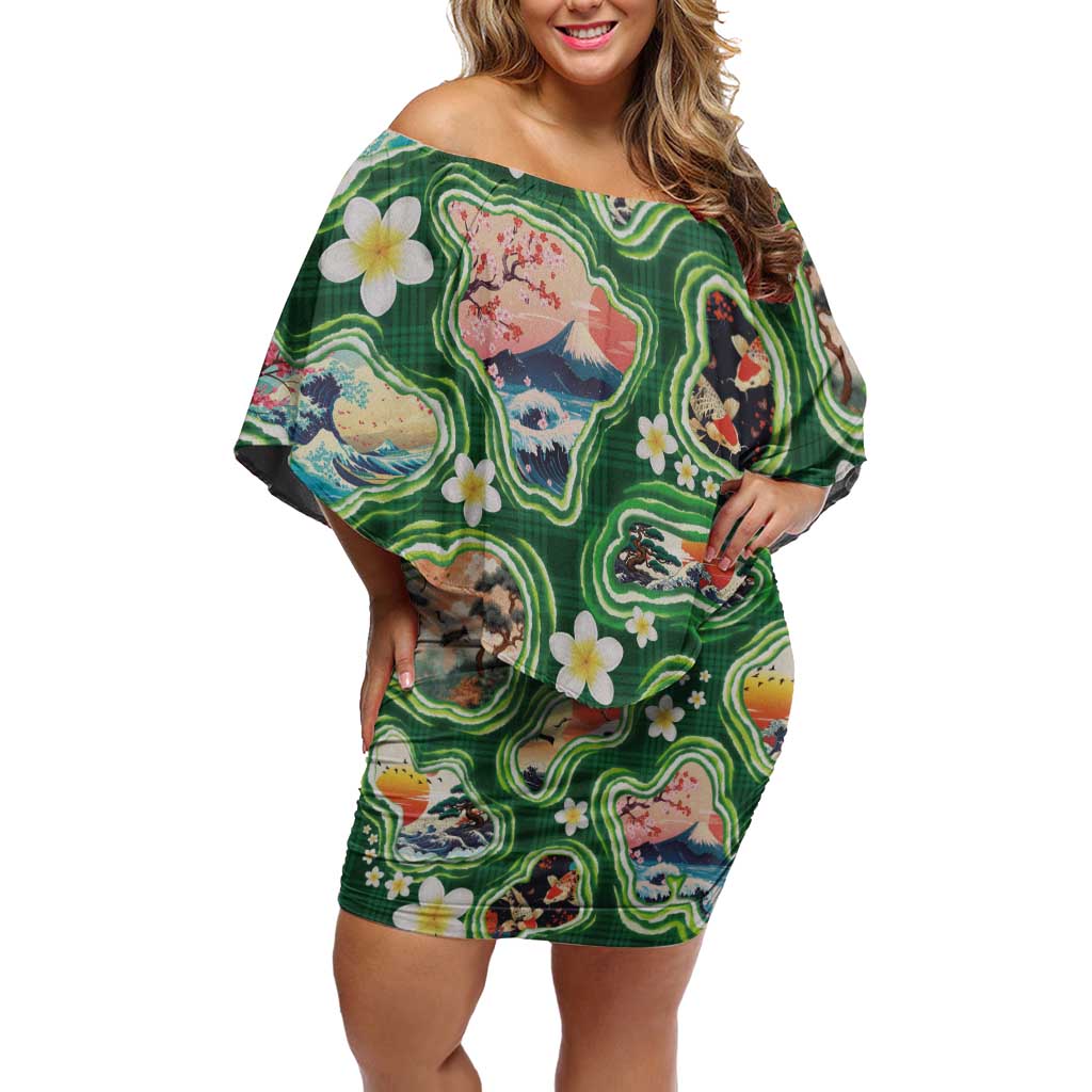 Hawaiian and Japanese Culture Together Family Matching Off Shoulder Short Dress and Hawaiian Shirt Hawaiian Island Shapes with Japanese Landscape Green Color