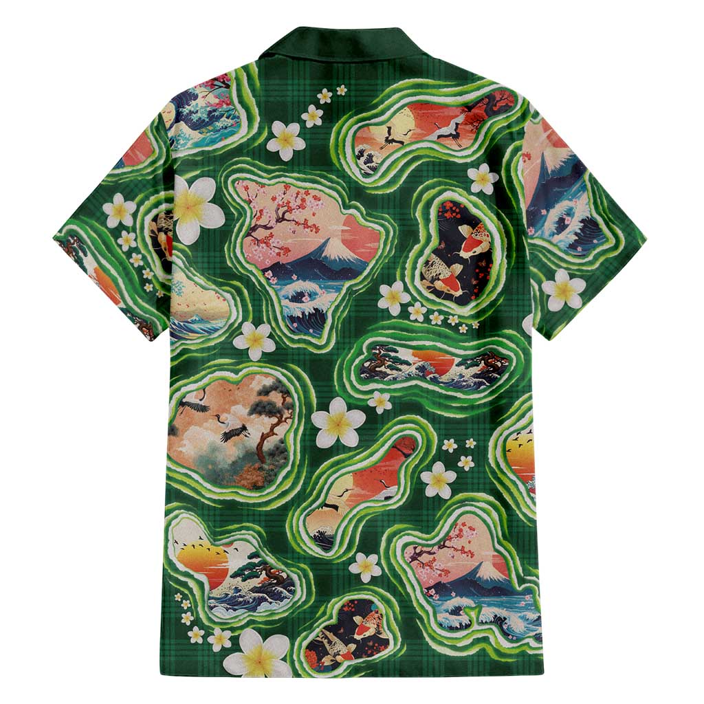 Hawaiian and Japanese Culture Together Family Matching Puletasi and Hawaiian Shirt Hawaiian Island Shapes with Japanese Landscape Green Color