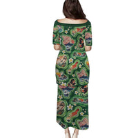 Hawaiian and Japanese Culture Together Family Matching Puletasi and Hawaiian Shirt Hawaiian Island Shapes with Japanese Landscape Green Color