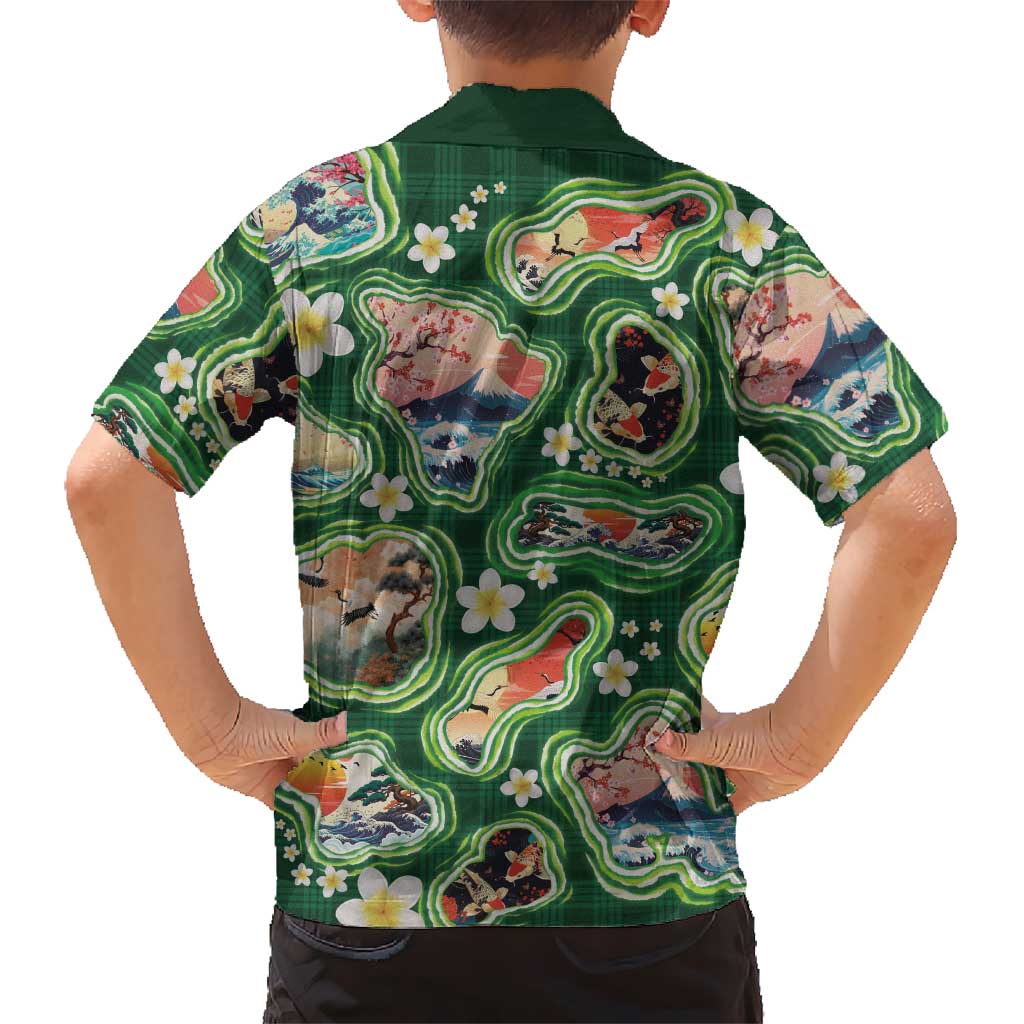 Hawaiian and Japanese Culture Together Family Matching Short Sleeve Bodycon Dress and Hawaiian Shirt Hawaiian Island Shapes with Japanese Landscape Green Color