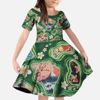 Hawaiian and Japanese Culture Together Family Matching Short Sleeve Bodycon Dress and Hawaiian Shirt Hawaiian Island Shapes with Japanese Landscape Green Color