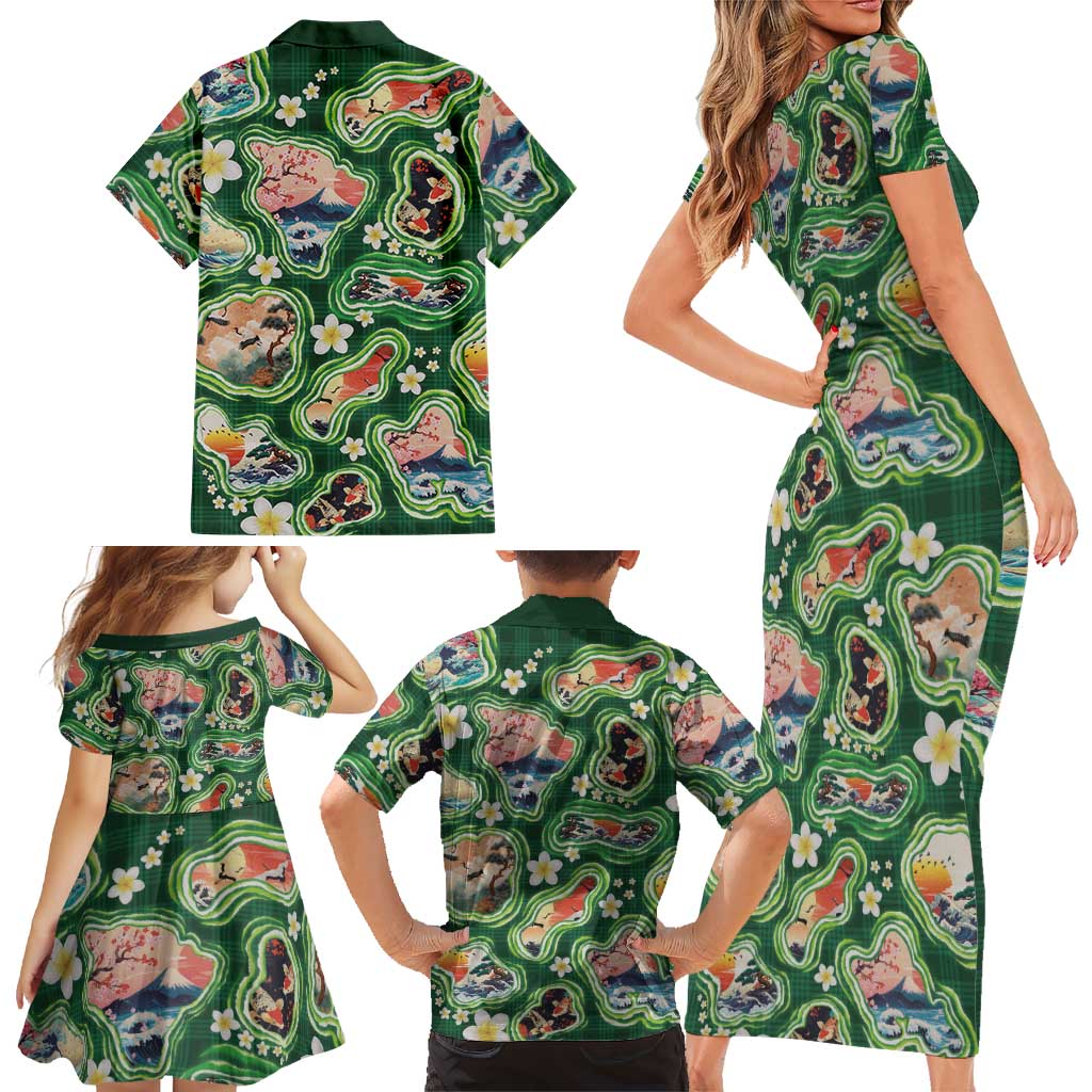 Hawaiian and Japanese Culture Together Family Matching Short Sleeve Bodycon Dress and Hawaiian Shirt Hawaiian Island Shapes with Japanese Landscape Green Color