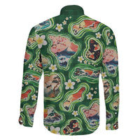 Hawaiian and Japanese Culture Together Family Matching Short Sleeve Bodycon Dress and Hawaiian Shirt Hawaiian Island Shapes with Japanese Landscape Green Color