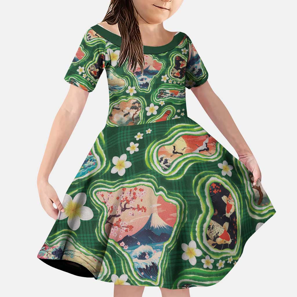 Hawaiian and Japanese Culture Together Family Matching Summer Maxi Dress and Hawaiian Shirt Hawaiian Island Shapes with Japanese Landscape Green Color