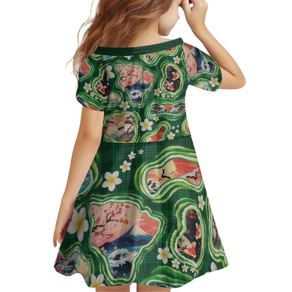 Hawaiian and Japanese Culture Together Family Matching Summer Maxi Dress and Hawaiian Shirt Hawaiian Island Shapes with Japanese Landscape Green Color