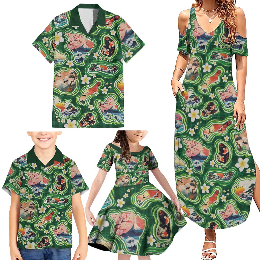 Hawaiian and Japanese Culture Together Family Matching Summer Maxi Dress and Hawaiian Shirt Hawaiian Island Shapes with Japanese Landscape Green Color