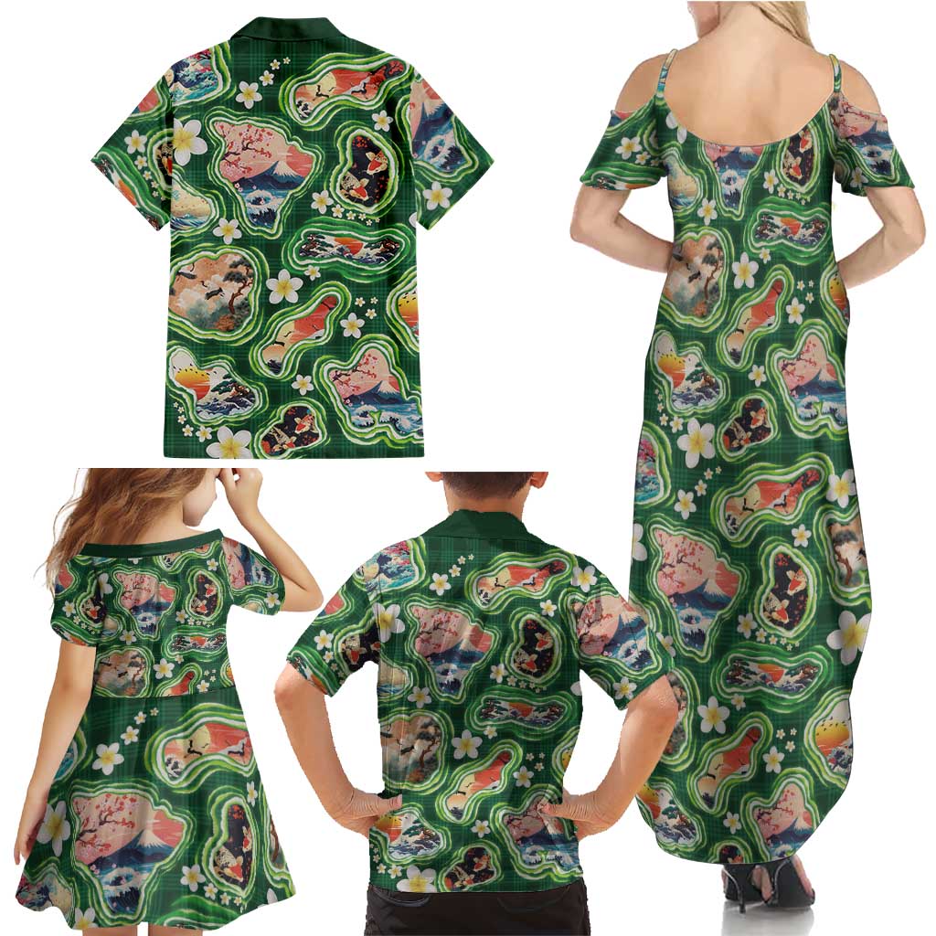 Hawaiian and Japanese Culture Together Family Matching Summer Maxi Dress and Hawaiian Shirt Hawaiian Island Shapes with Japanese Landscape Green Color