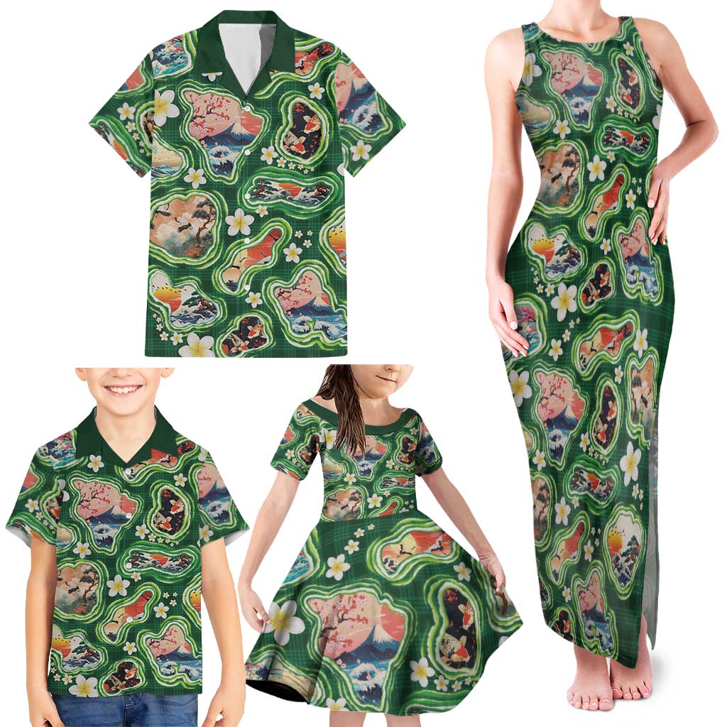 Hawaiian and Japanese Culture Together Family Matching Tank Maxi Dress and Hawaiian Shirt Hawaiian Island Shapes with Japanese Landscape Green Color