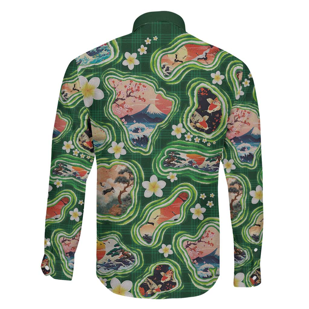 Hawaiian and Japanese Culture Together Family Matching Tank Maxi Dress and Hawaiian Shirt Hawaiian Island Shapes with Japanese Landscape Green Color