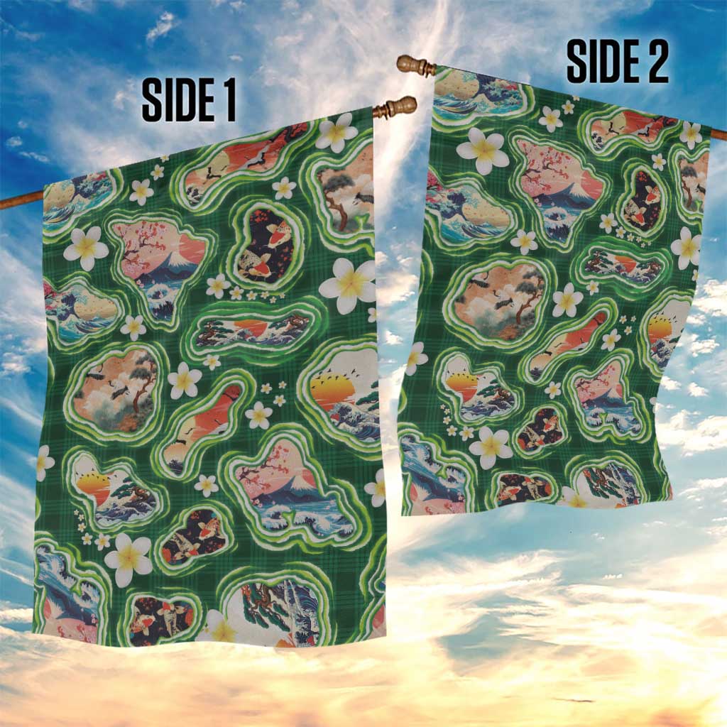 Hawaiian and Japanese Culture Together Garden Flag Hawaiian Island Shapes with Japanese Landscape Green Color