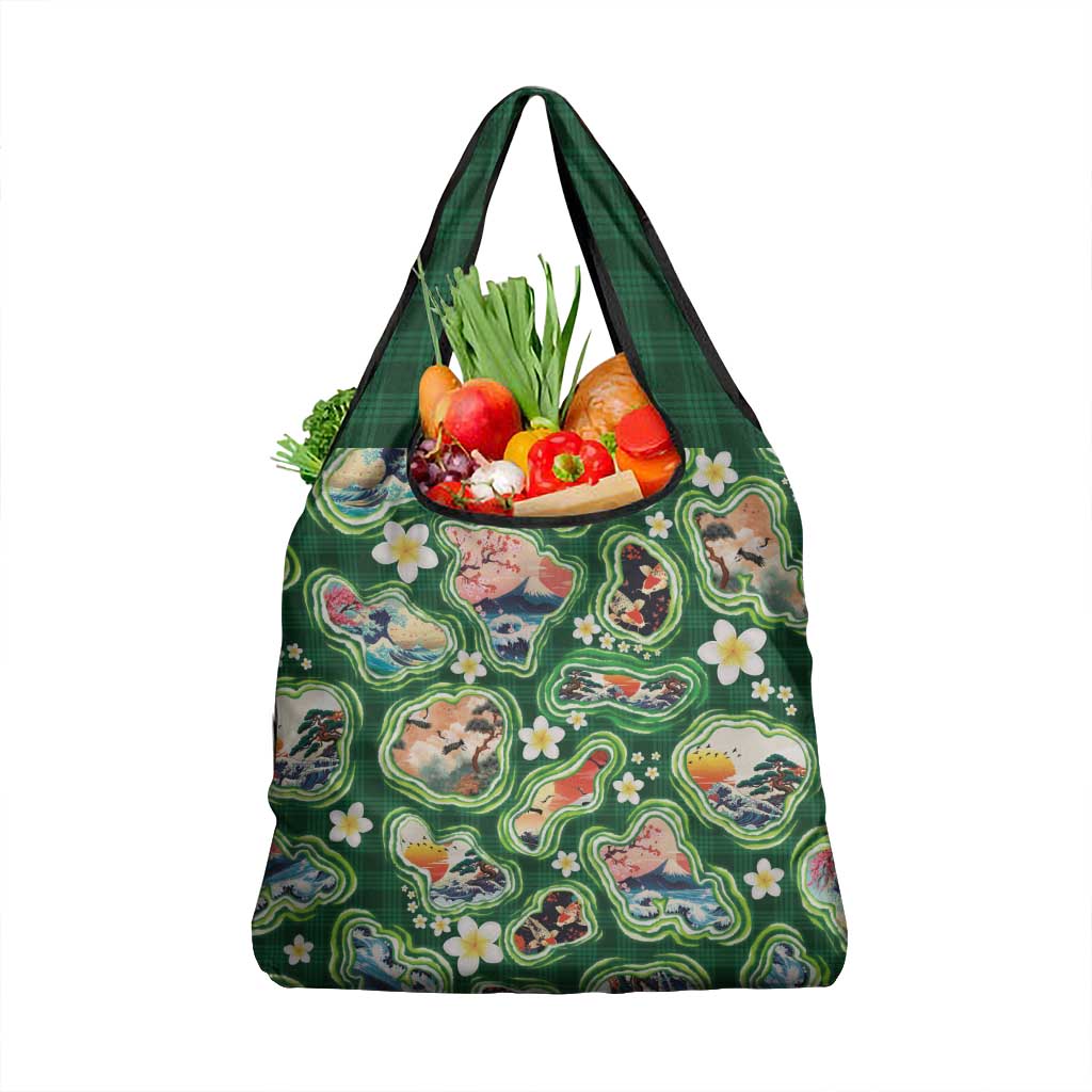 Hawaiian and Japanese Culture Together Grocery Bag Hawaiian Island Shapes with Japanese Landscape Green Color