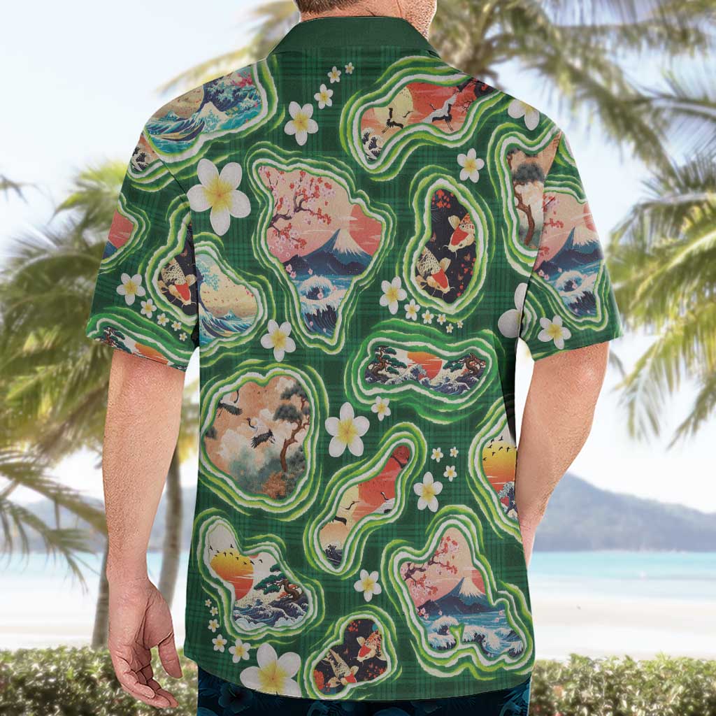 Hawaiian and Japanese Culture Together Hawaiian Shirt Hawaiian Island Shapes with Japanese Landscape Green Color