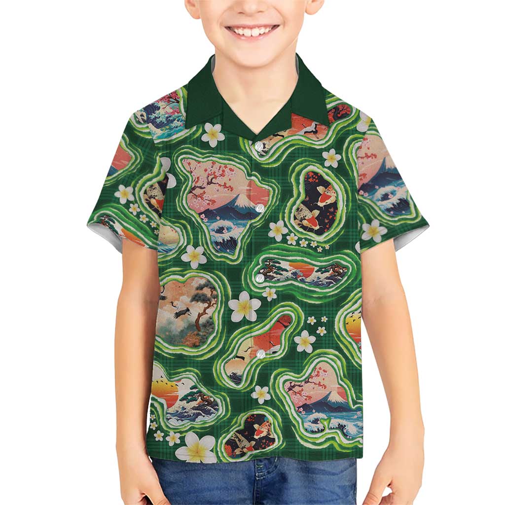 Hawaiian and Japanese Culture Together Hawaiian Shirt Hawaiian Island Shapes with Japanese Landscape Green Color