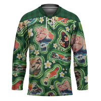Hawaiian and Japanese Culture Together Hockey Jersey Hawaiian Island Shapes with Japanese Landscape Green Color