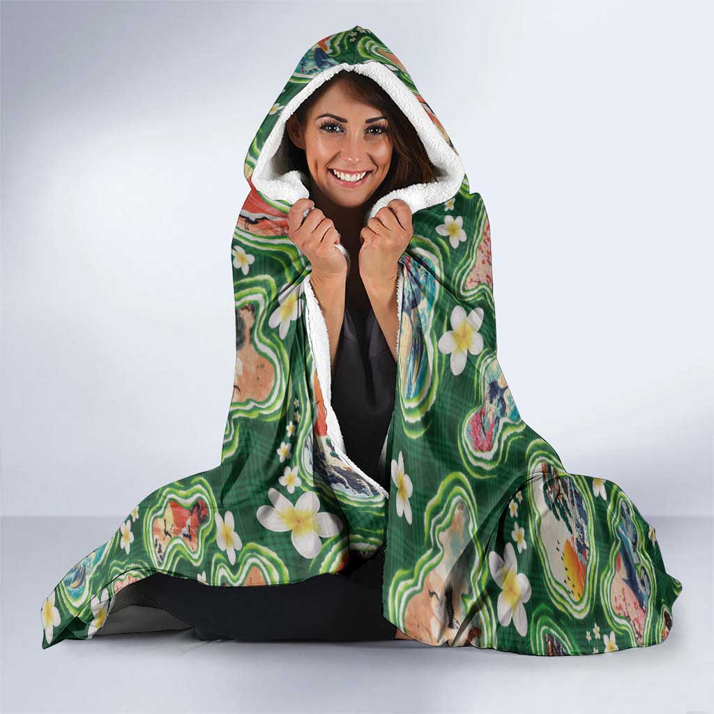 Hawaiian and Japanese Culture Together Hooded Blanket Hawaiian Island Shapes with Japanese Landscape Green Color