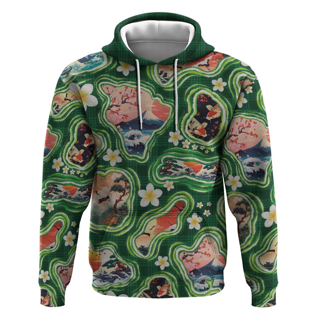 Hawaiian and Japanese Culture Together Hoodie Hawaiian Island Shapes with Japanese Landscape Green Color