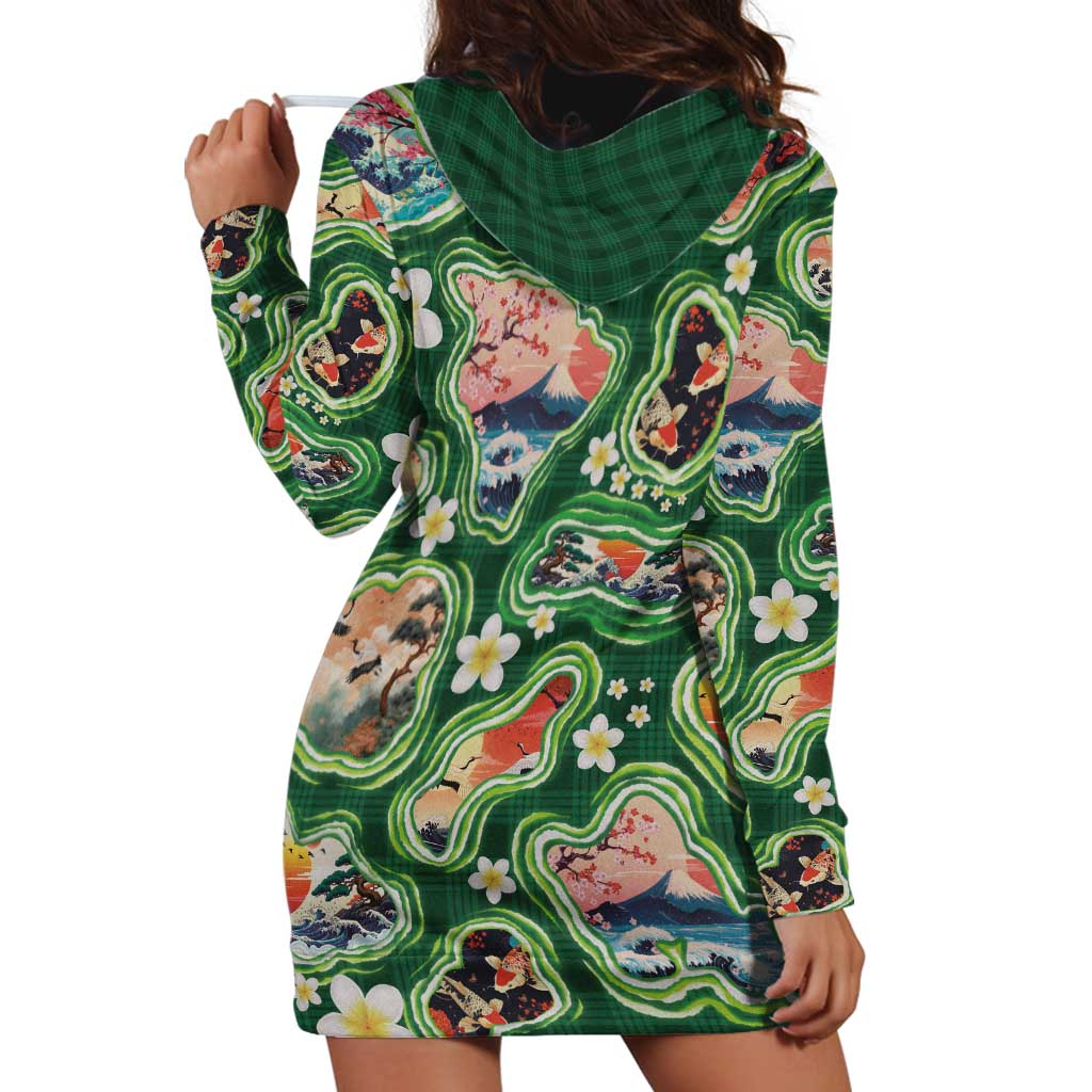 Hawaiian and Japanese Culture Together Hoodie Dress Hawaiian Island Shapes with Japanese Landscape Green Color