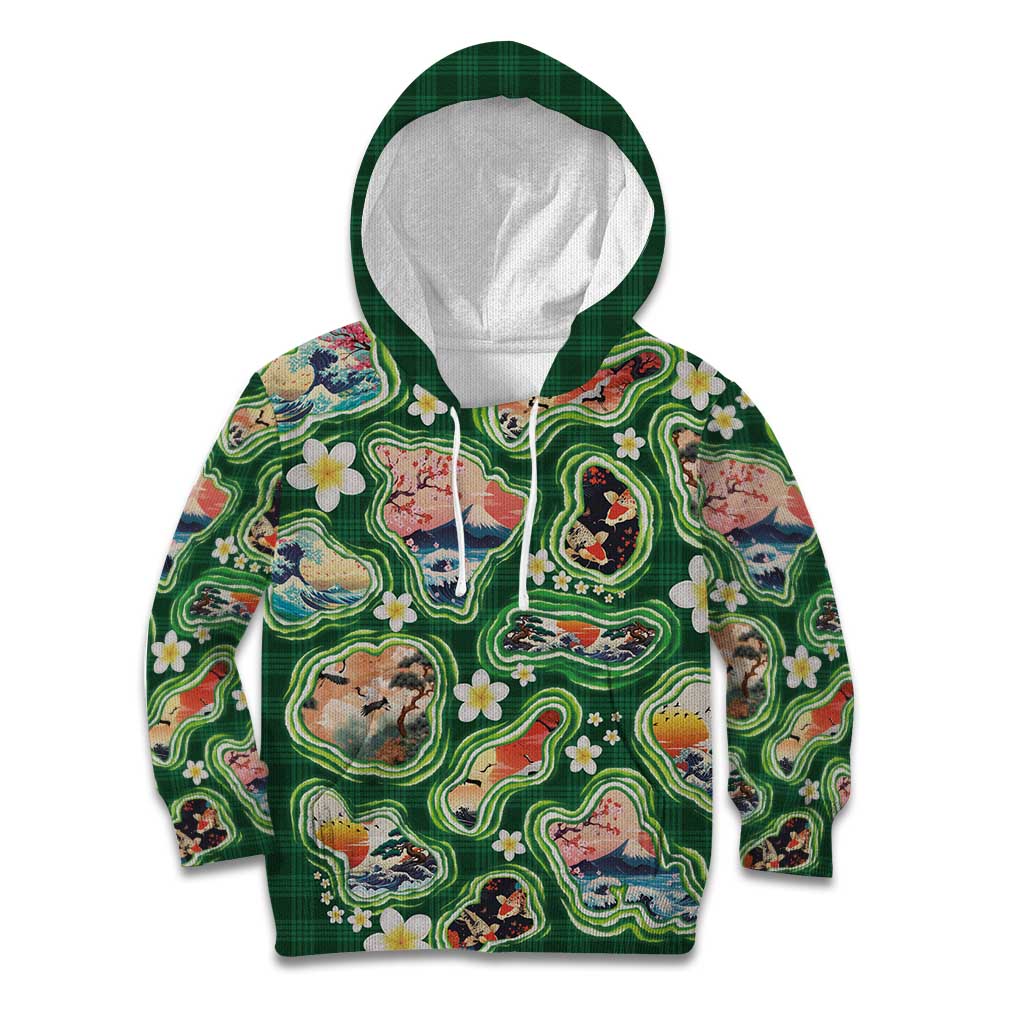 Hawaiian and Japanese Culture Together Kid Hoodie Hawaiian Island Shapes with Japanese Landscape Green Color