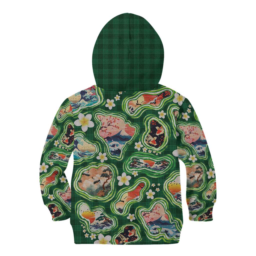 Hawaiian and Japanese Culture Together Kid Hoodie Hawaiian Island Shapes with Japanese Landscape Green Color