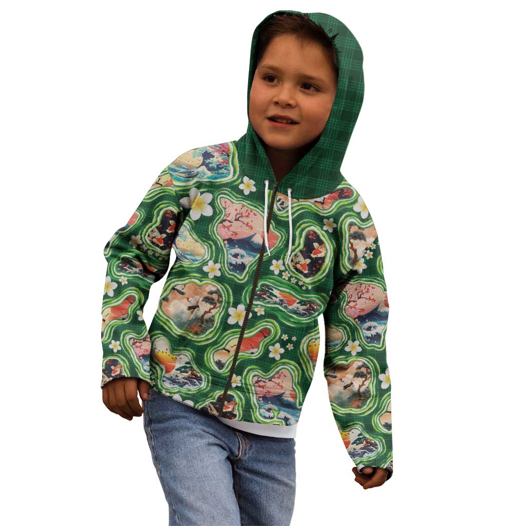Hawaiian and Japanese Culture Together Kid Hoodie Hawaiian Island Shapes with Japanese Landscape Green Color