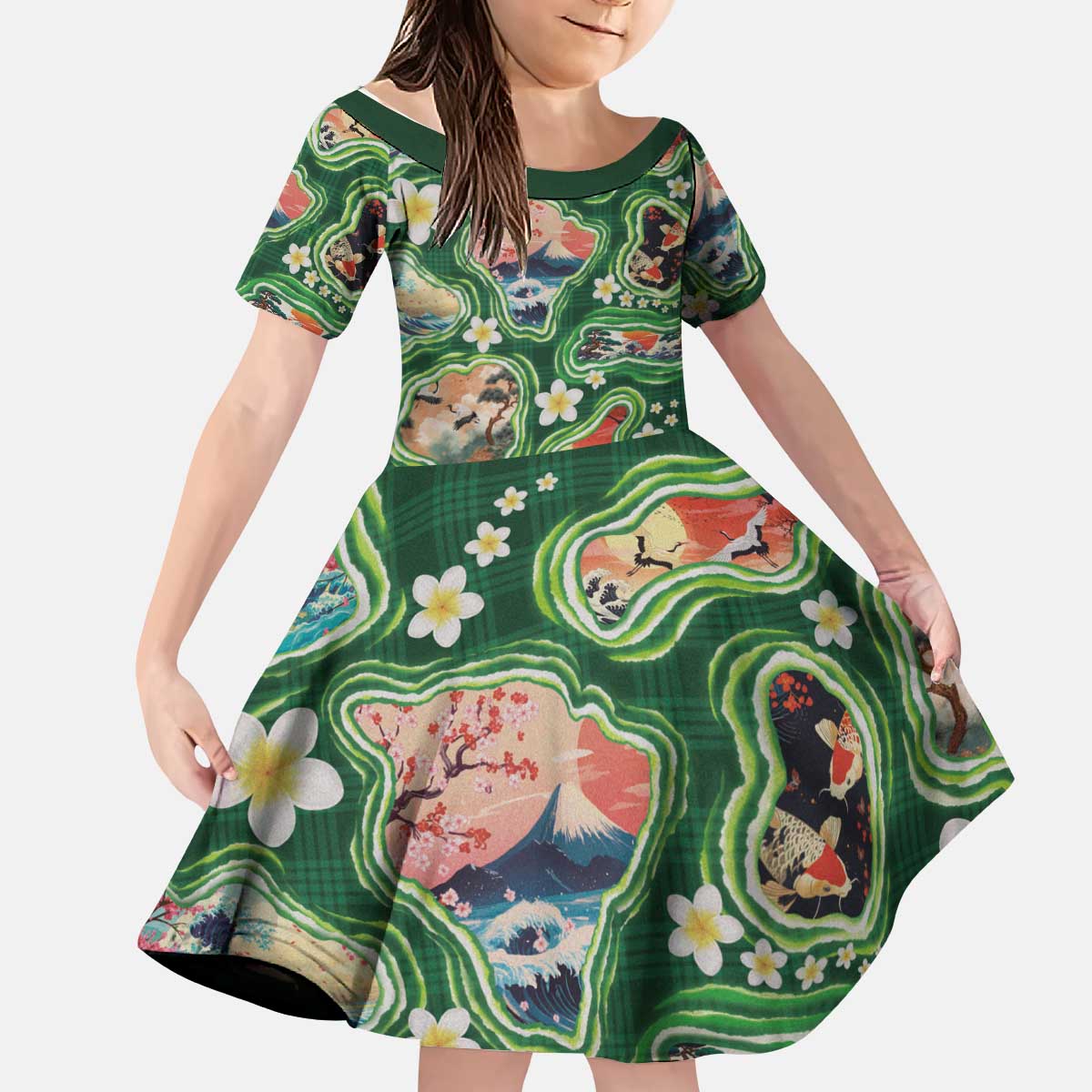 Hawaiian and Japanese Culture Together Kid Short Sleeve Dress Hawaiian Island Shapes with Japanese Landscape Green Color
