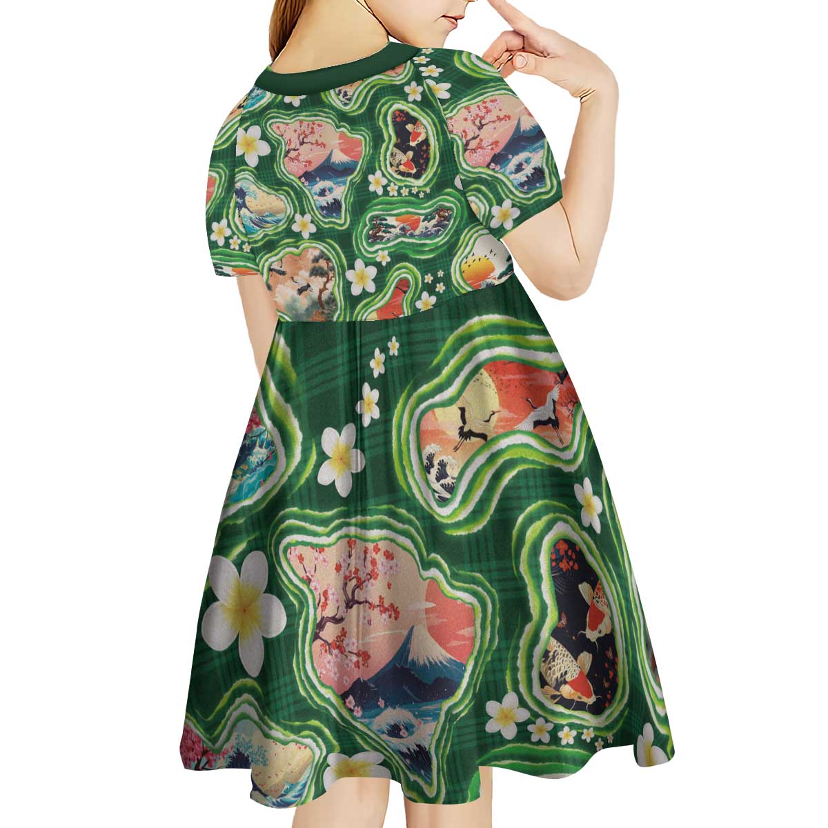 Hawaiian and Japanese Culture Together Kid Short Sleeve Dress Hawaiian Island Shapes with Japanese Landscape Green Color